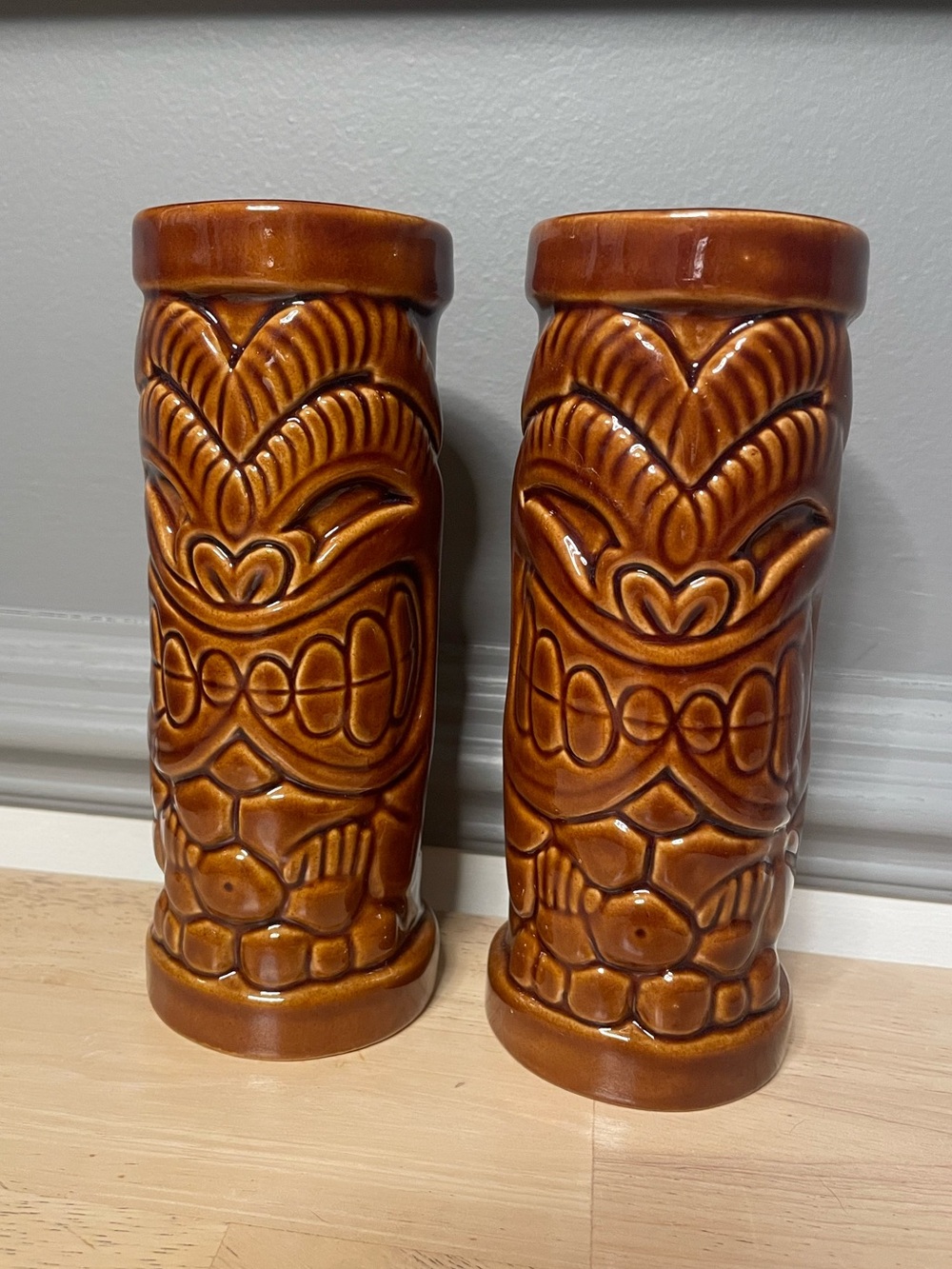 Vintage Brown Ceramic Tiki Mugs - Set of 2